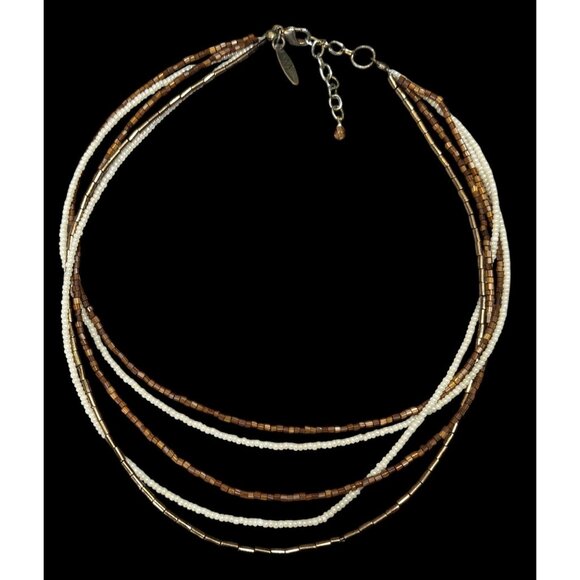 NY Earthy Glass Beaded Brown And White Layered Necklace - Picture 1 of 6